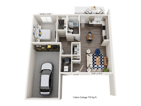 Floor plan for 1 bed, 1 bath, 770 sqft